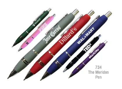 Various colored pens with company branding on them
