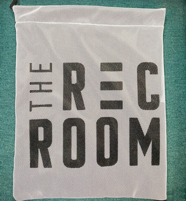 custom white mesh rec room bag